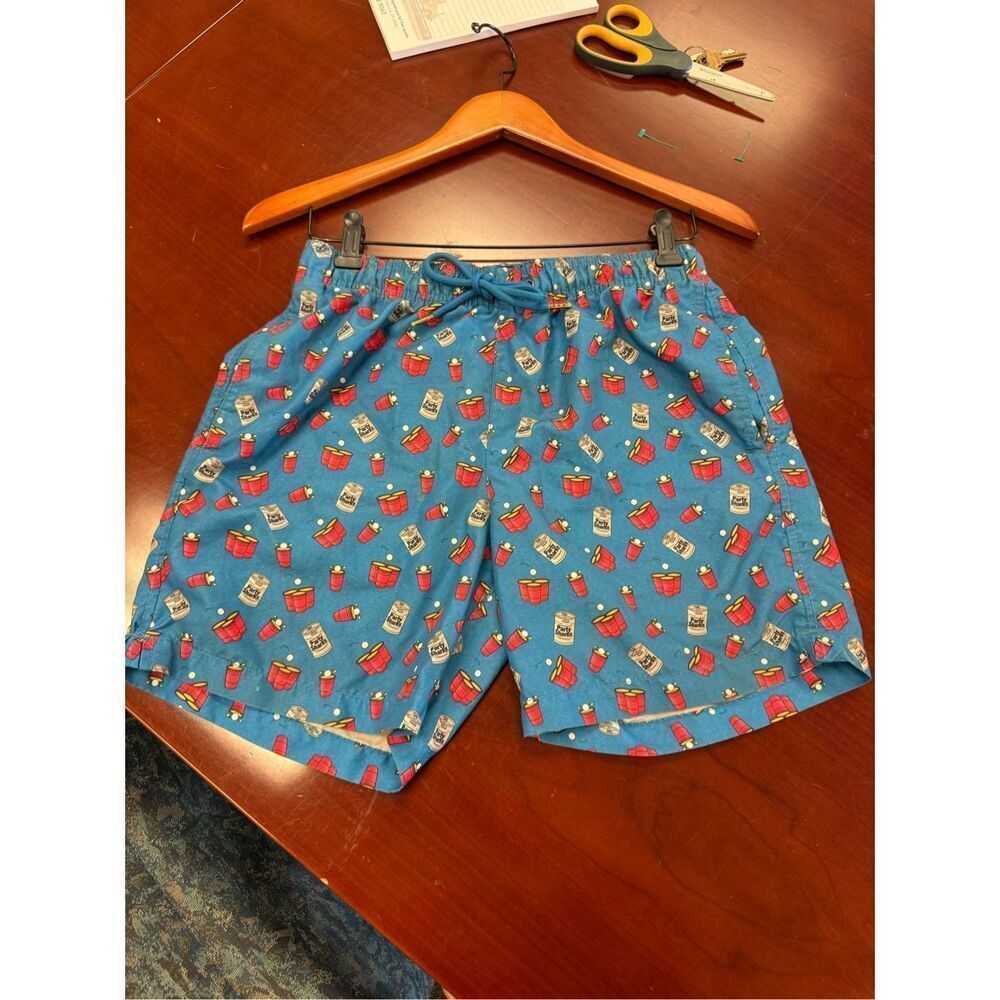 Party Sharks Blue w/ Red Solo Cups Swim Trunks sz S EUC